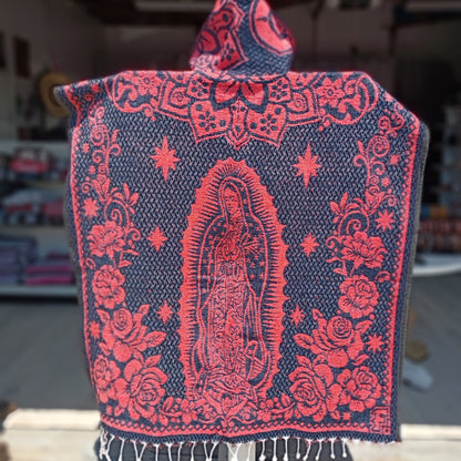 Jorongo Mexicano TM-LMGA004 Gaban con capucha San Judas y Virgen Hooded Mexican Poncho Rear View