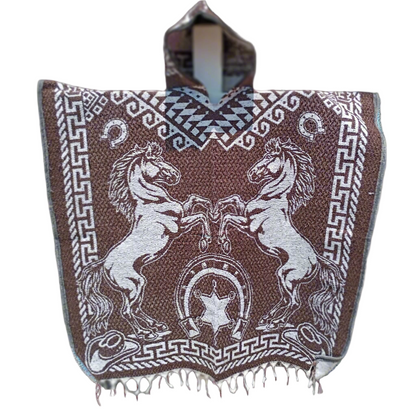 Jorongo Mexicano TM-LMGA005 Gaban con capucha Caballos Horses Design Hooded Mexican Poncho Front View