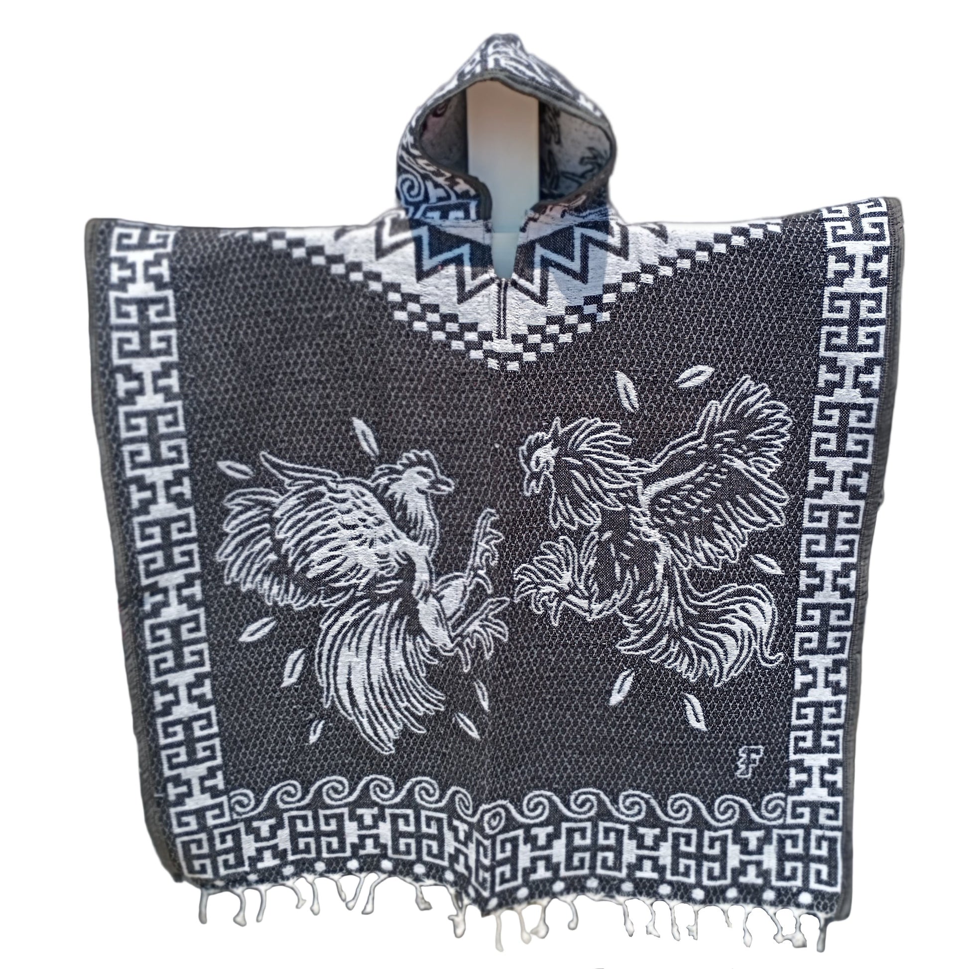 Jorongo Mexicano TM-LMGA006 Gaban con capucha Gallos Roosters Design Hooded Mexican Poncho Front View