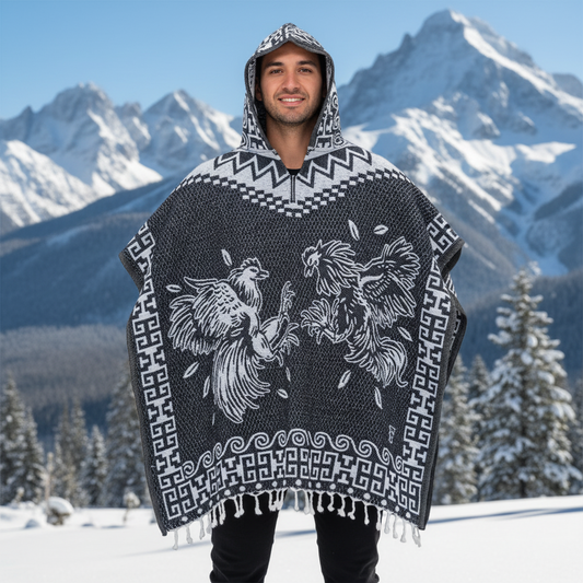 Jorongo Mexicano TM-LMGA006 Gaban con capucha Gallos Roosters Design Hooded Mexican Poncho