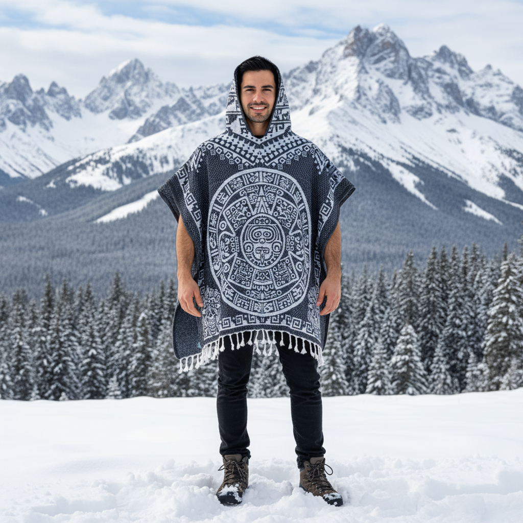 Jorongo Mexicano TM-LMGA007 Gaban con capucha Calendario Azteca Aztec Calendar Design Hooded Mexican Poncho