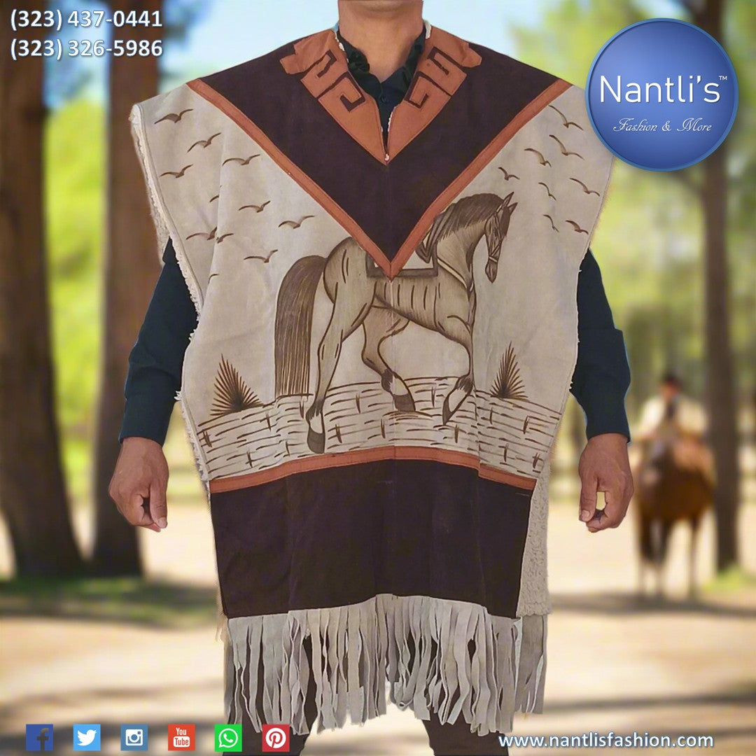 Jorongo Mexicano TM-LMGC001 Gaban de Cuero Pirograbado Leather Mexican Poncho with Pyrography Art Front View