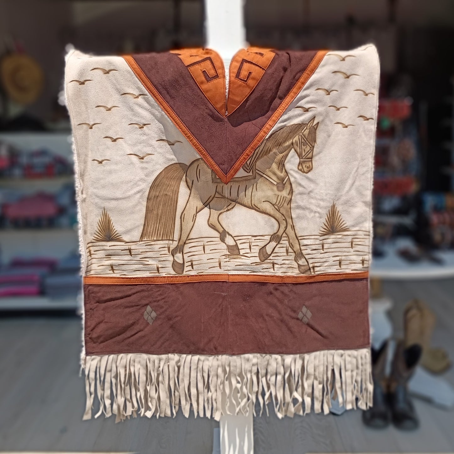 Jorongo Mexicano TM-LMGC001 Gaban de Cuero Pirograbado Leather Mexican Poncho with Pyrography Art Frontal View