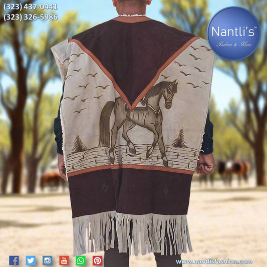 Jorongo Mexicano TM-LMGC001 Gaban de Cuero Pirograbado Leather Mexican Poncho with Pyrography Art Rear View