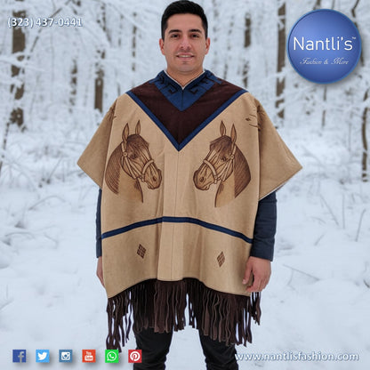 Man wearing a tan poncho with horse designs in a snowy forest, branded 'Nantli's'.