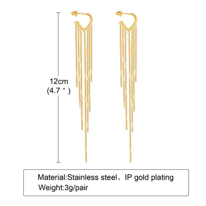 Aretes para mujeres Elegant Long Tassel Drop Earrings for Women, Temperament Gold Color Stainless Steel Metal Earcuffs Jewelry, Femme Party Gift