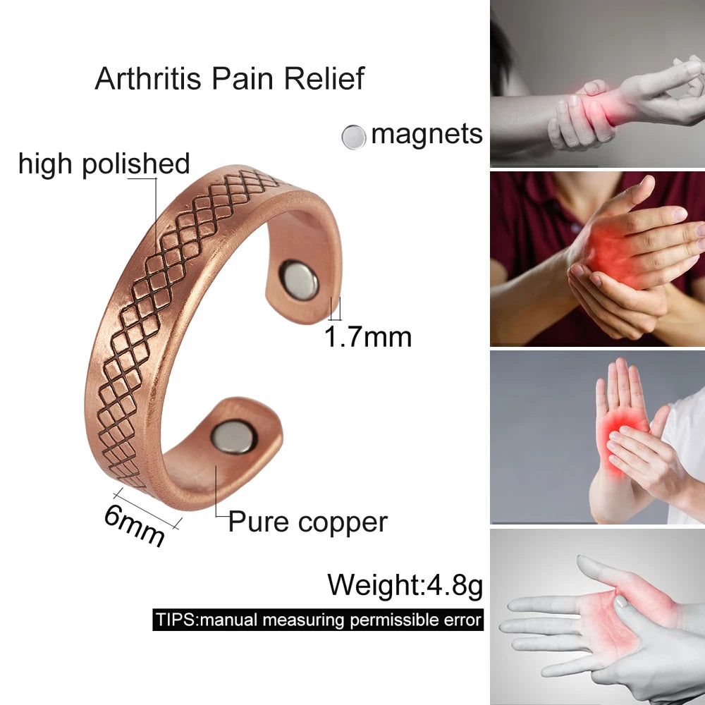 Anillo para Hombres o Mujeres Ring for Men or Women Pure Copper Rings Magnetic 6mm Adjustable Open Cuff Finger Resizable Rings