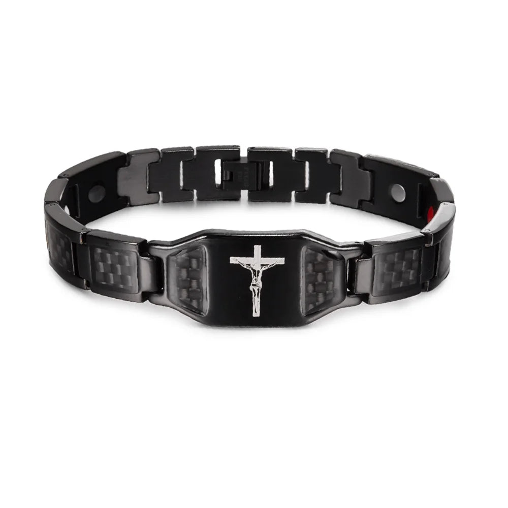 Men's Bracelet Pulsera para hombres Jesus Magnetic Bracelet Homme Carbon Fibre Stainless Steel 21CM Health Energy Magnet Jewelry