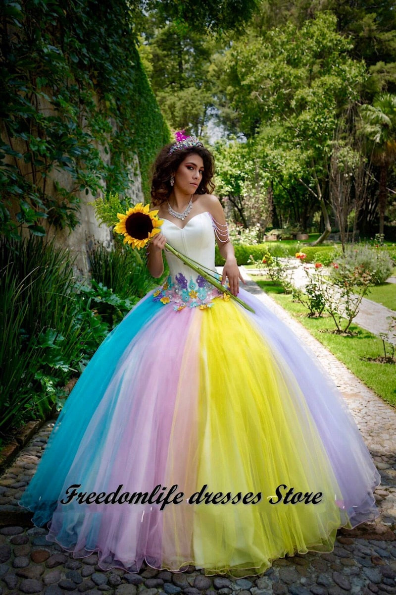 Quinceanera Dress Elegant Rainbow With 3D Applique Tulle Tassel Sweet 16 XV vestidos de 15 años