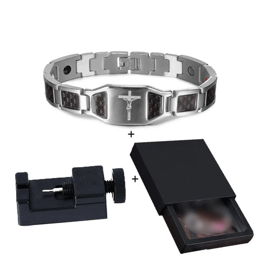 Men's Bracelet Pulsera para hombres Jesus Magnetic Bracelet Homme Carbon Fibre Stainless Steel 21CM Health Energy Magnet Jewelry