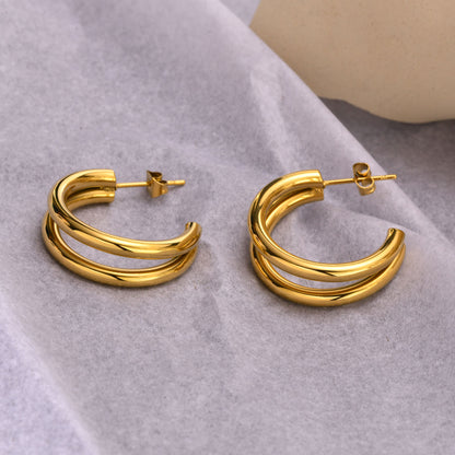 Aretes para mujeres Women Hoop Earrings, Double Circle Hoops, Gold Color Stainless Steel C Shaped Huggie, Minimalist Metal Ear Jewelry