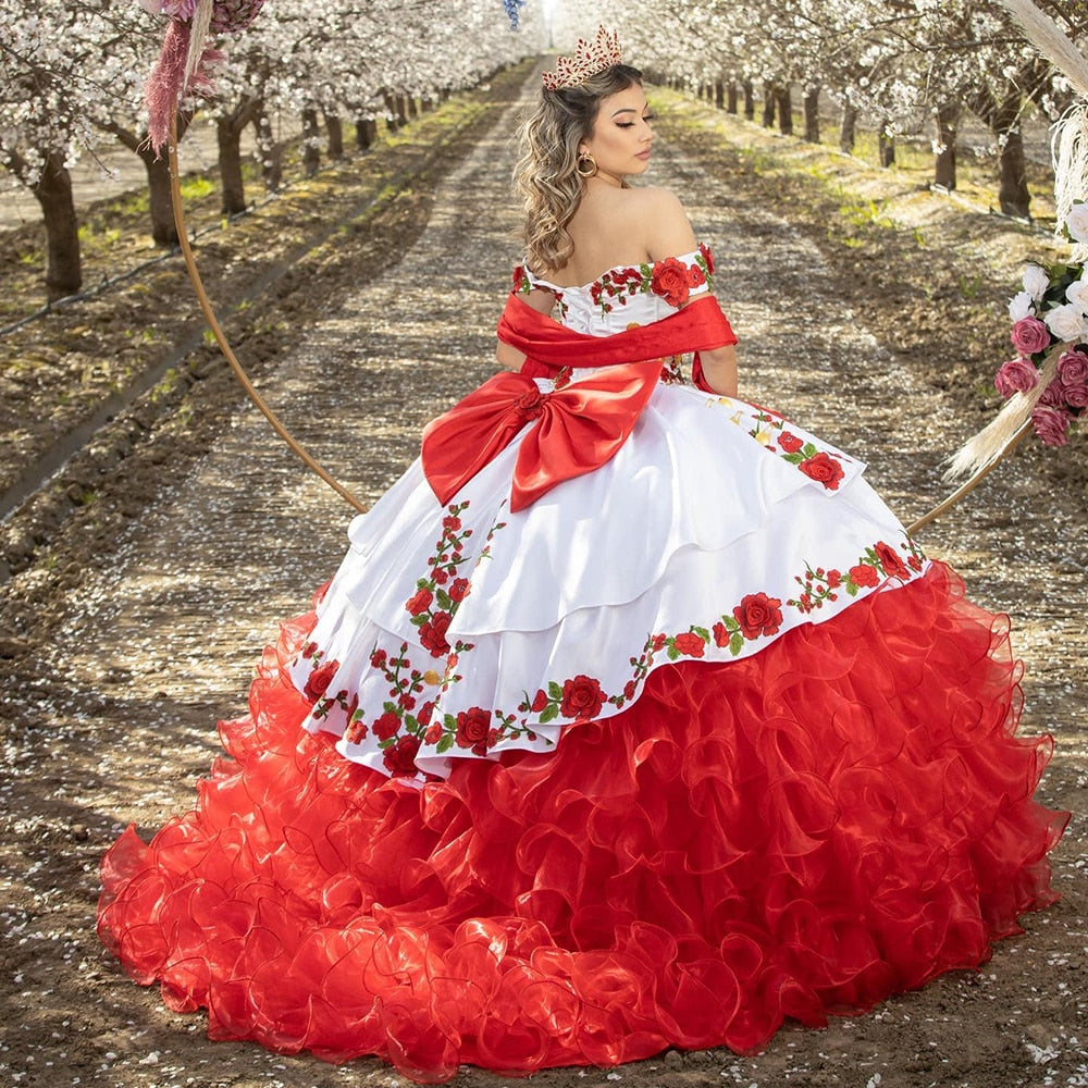 Quinceanera Dress Mexican Charro With Flower Embroidery Off The Shoulder Corset  Sweet 15 Years Dress Ball Gown Prom