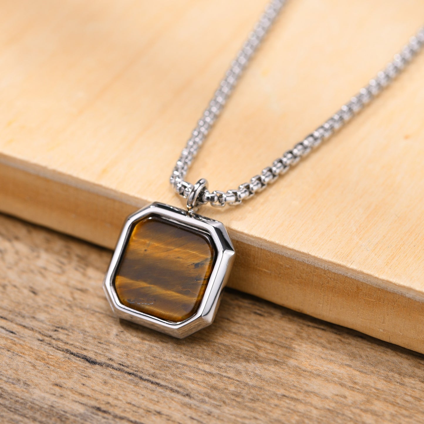 Pendiente y Collar para Hombre o Mujer Stylish Men Square Natural Stone Necklace, Solid Stainless Steel Geometric Polygon Pendant, Casual Punk Boy Gift Jewelry