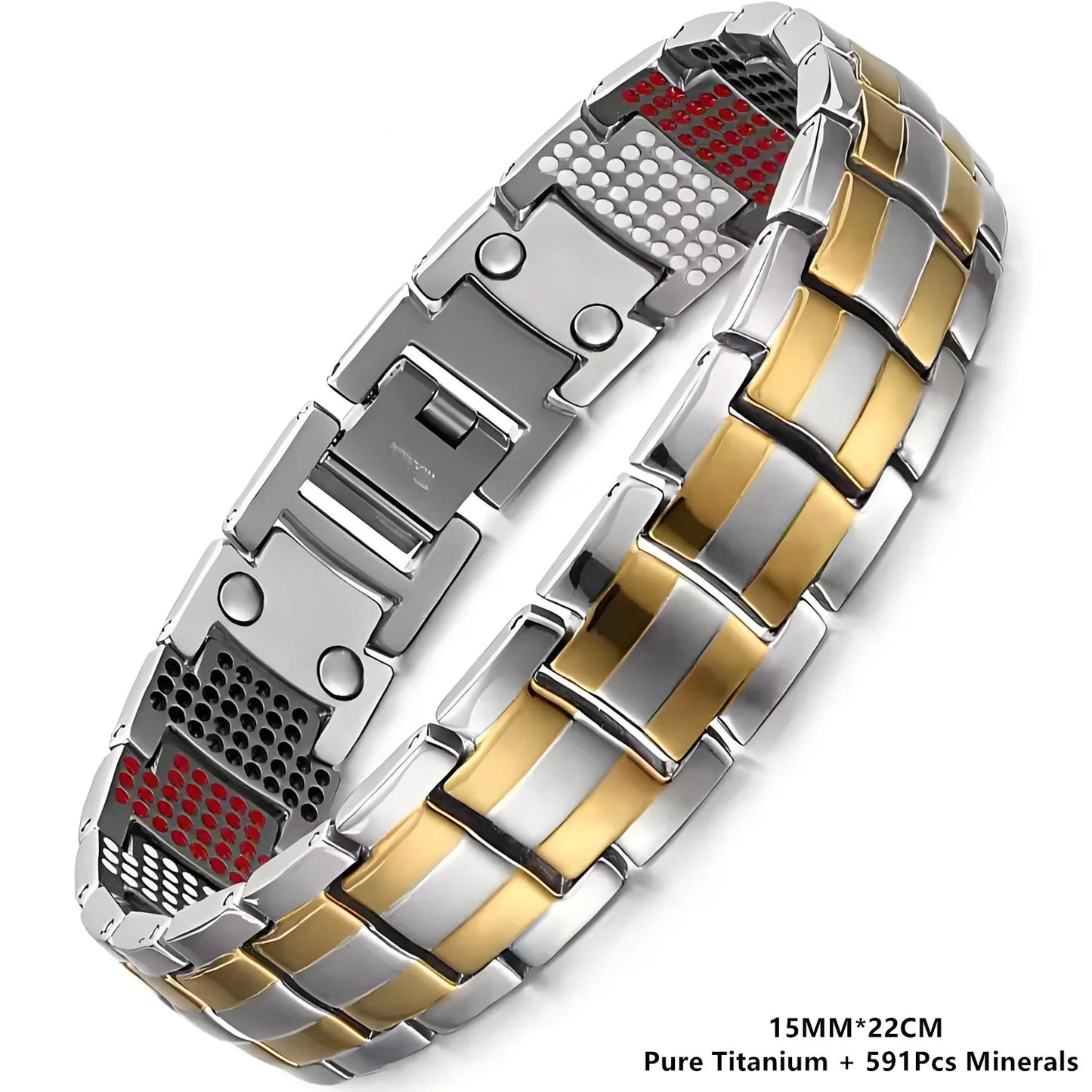 Two-tone silver and gold magnetic therapy bracelet on a white background