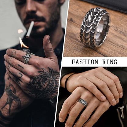 Anillo para Hombre o Mujer Rock Punk Viking Dragon Carved Surface Rings for Men Jewelry, Vintage Silver Color Stainless Steel Male Finger Bands