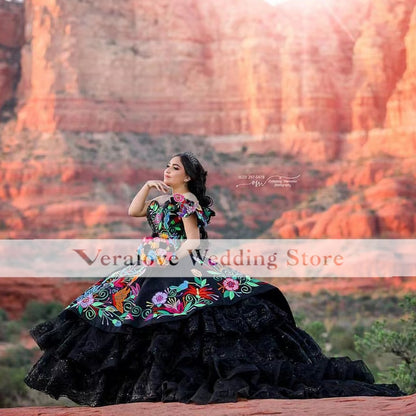 Mexican Quinceanera Dress Charro Vestidos De 15 Años Black Ruffles Embroidery Lace Mexican XV Girls Pageant Gowns Prom Dress