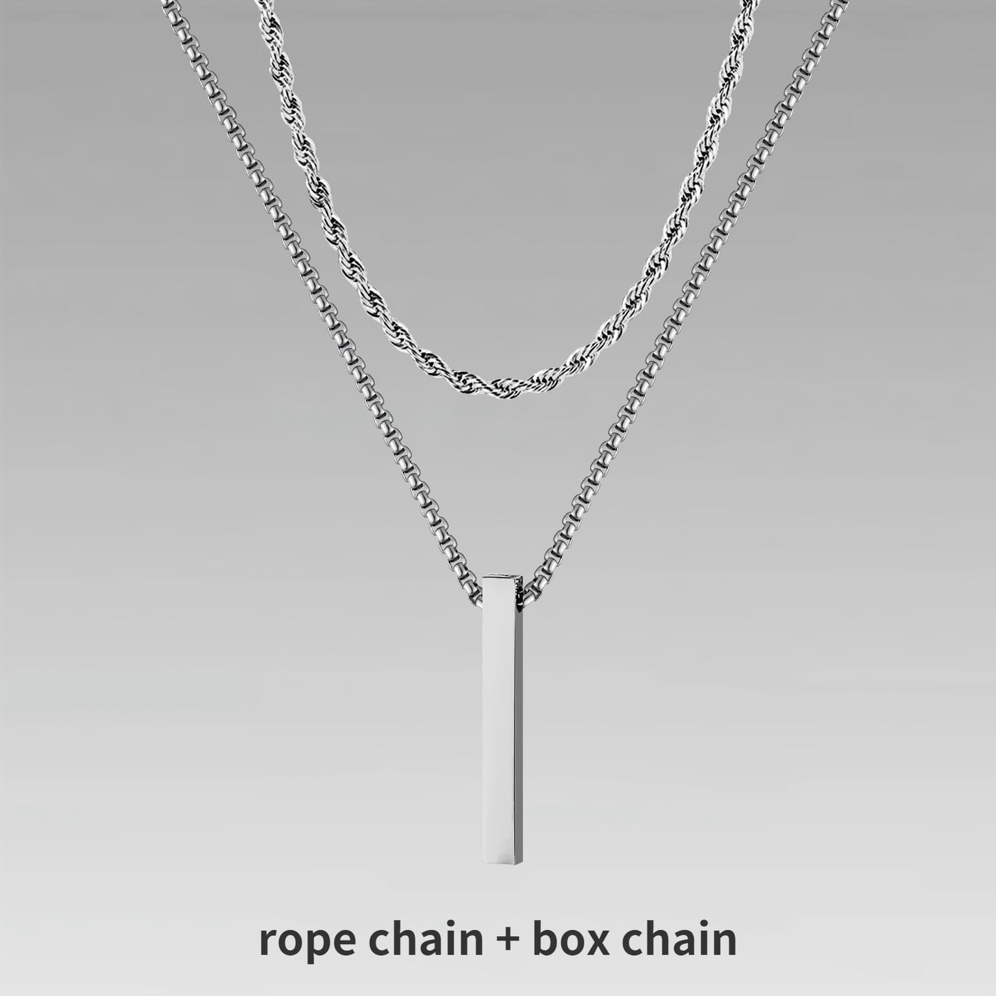 Pendiente y Collar para Hombre 3D Vertical Bar Necklaces for Men rope chain silver color