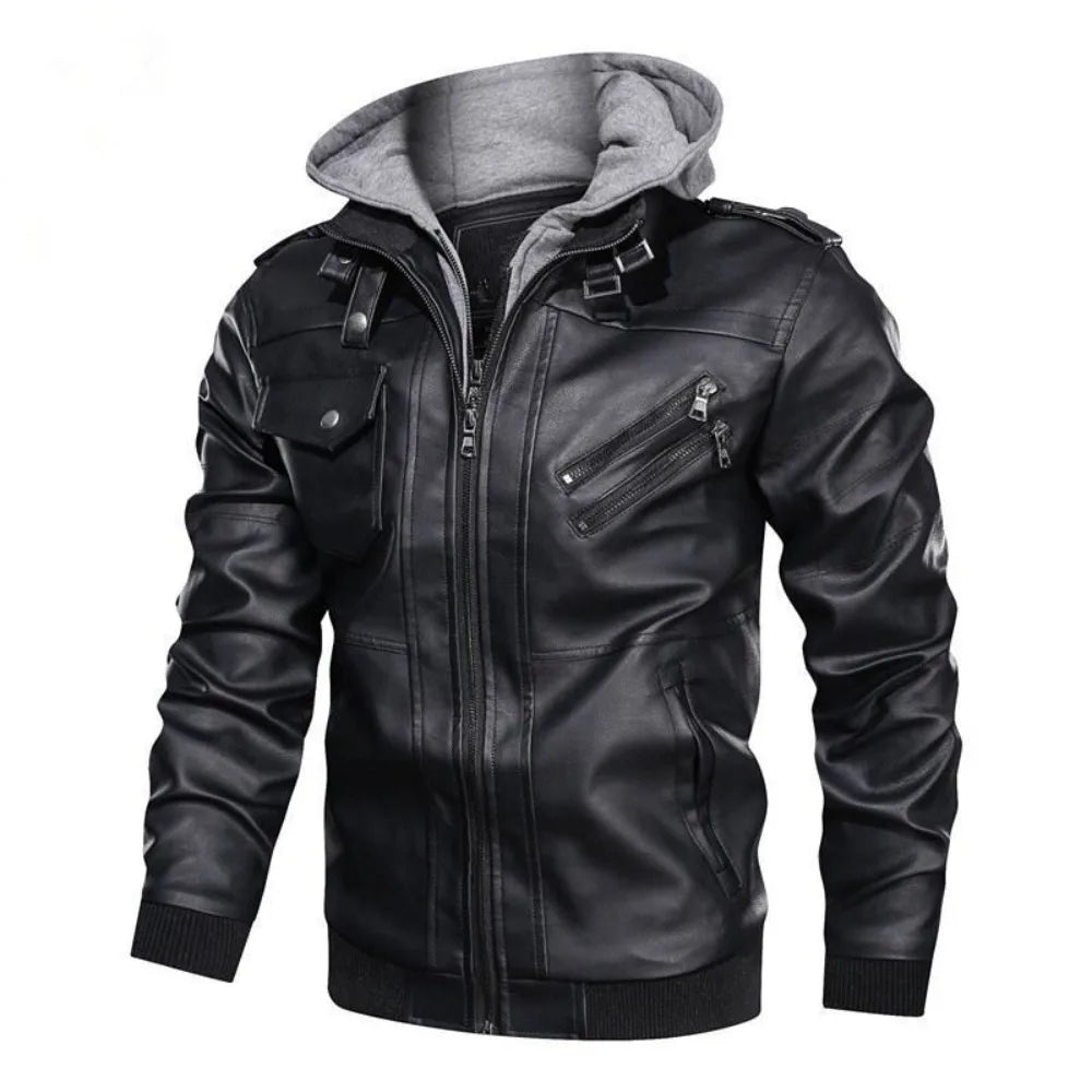 Chamarra para hombres Men's Fall Winter Jacket PU Leather Jackets Stand-up Collar Motorcycle Biker Clothing Casual Detachable Hooded Coats