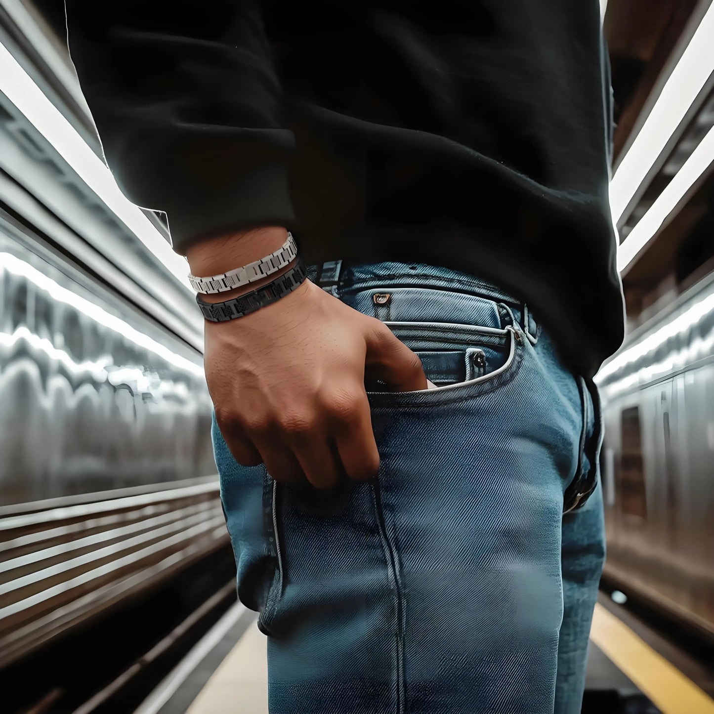 Person wearing blue jeans and a black sweater with bracelets, standing on a train platform. Nantlis