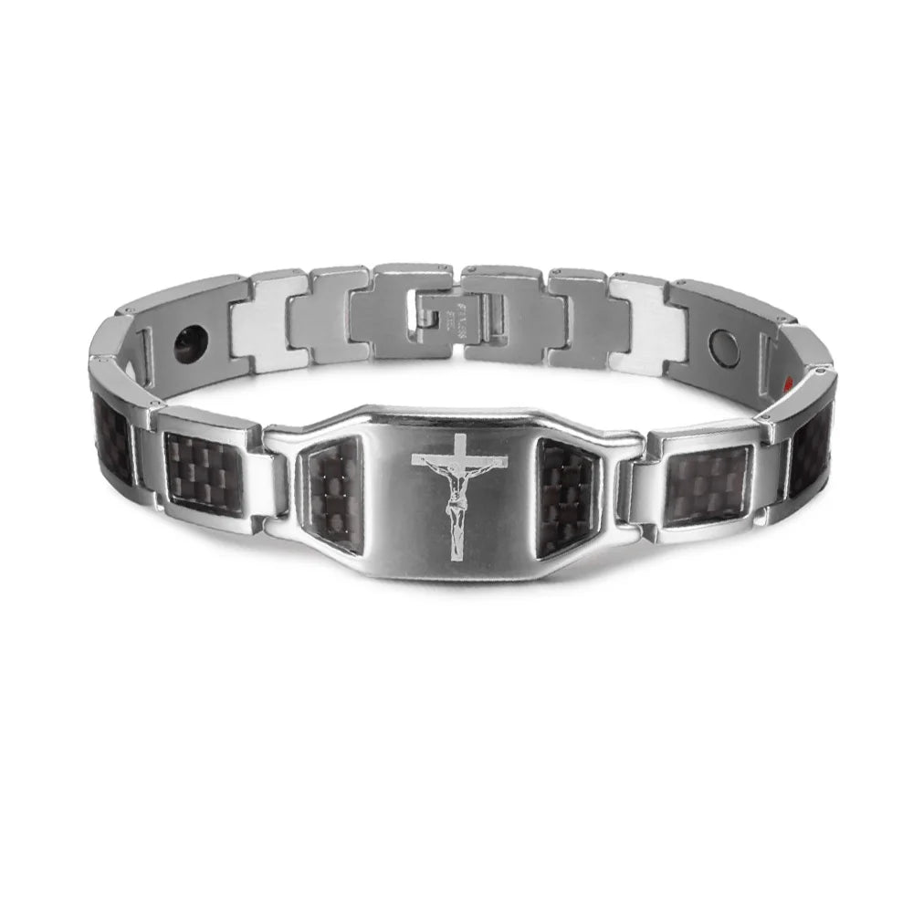 Men's Bracelet Pulsera para hombres Jesus Magnetic Bracelet Homme Carbon Fibre Stainless Steel 21CM Health Energy Magnet Jewelry