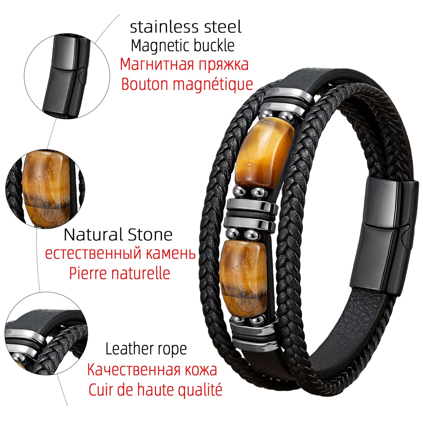Pulsera para hombre Men's bracelet Multi-layer Braided Leather Bracelet Tiger Eye Stone Bracelet For Men Simple Jewelry