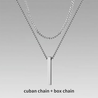 Pendiente y Collar para Hombre 3D Vertical Bar Necklaces for Men cuban chain silver color