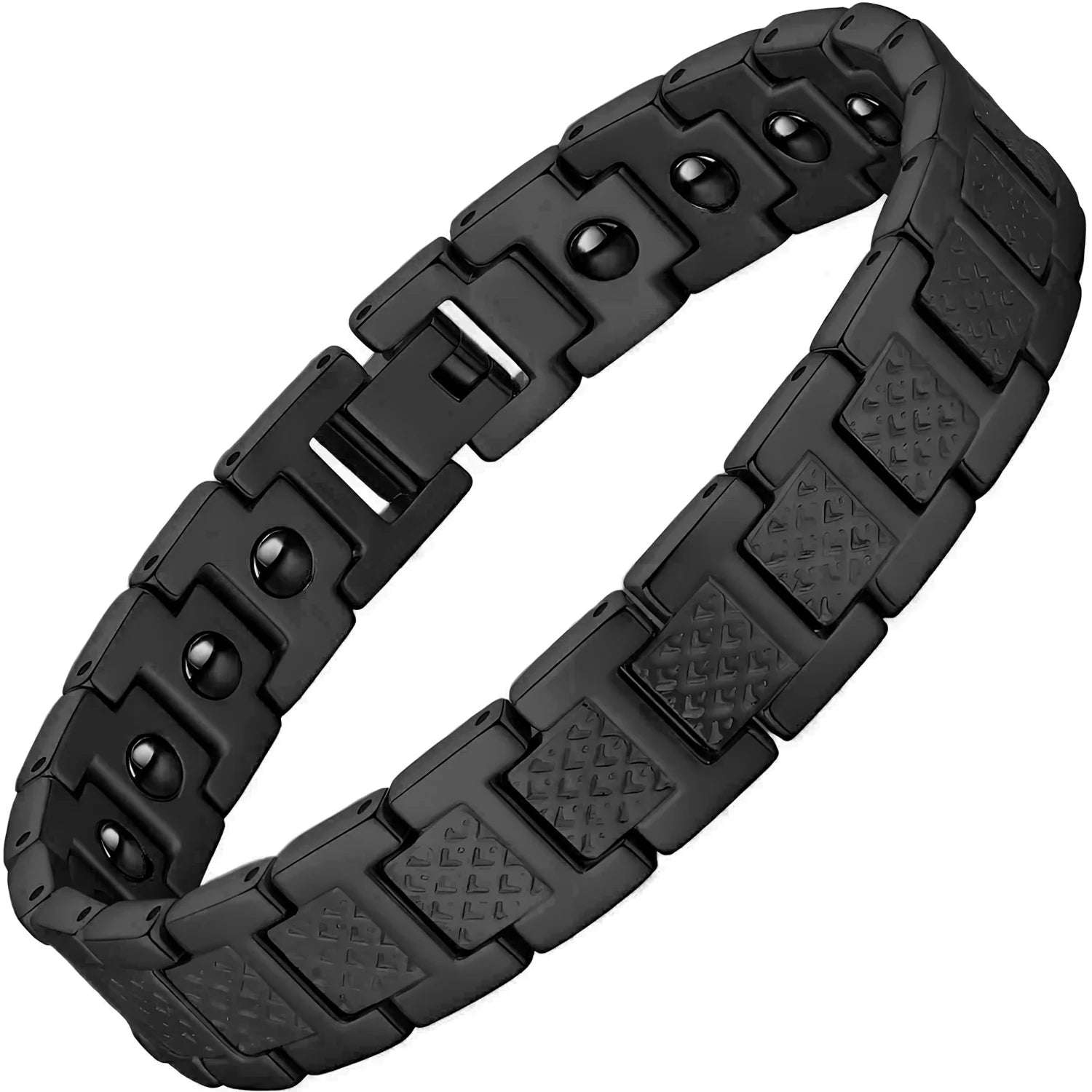 Black metal Magnetic bracelet with geometric patterns on a white background by Nantlis