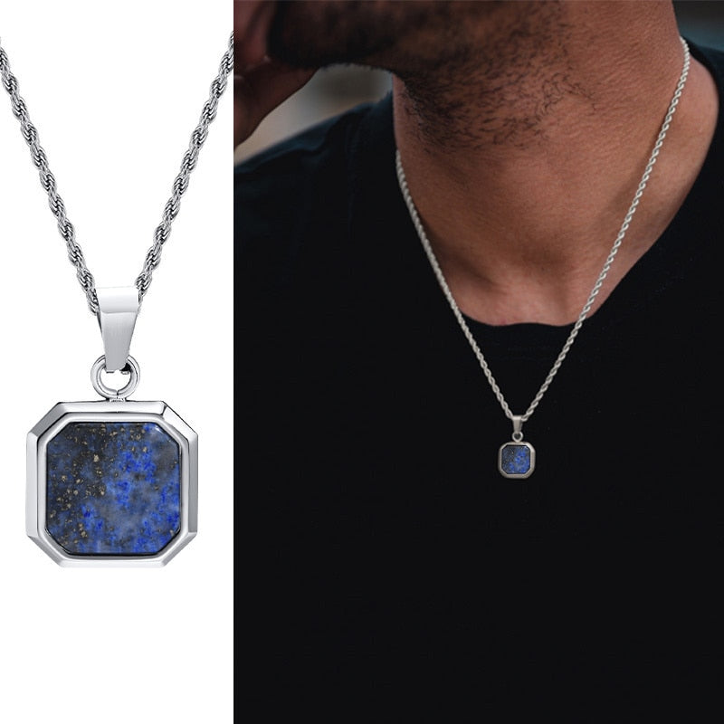 Pendiente y Collar para Hombre Geometric Square Necklaces for Men silver-blue