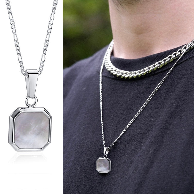 Pendiente y Collar para Hombre Geometric Square Necklaces for Men on neck silver color