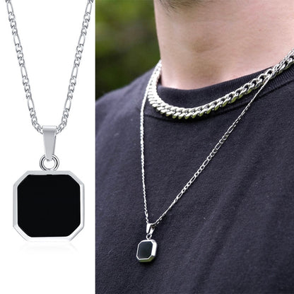 Pendiente y Collar para Hombre Geometric Square Necklaces for Men on neck theme photo silver-black color