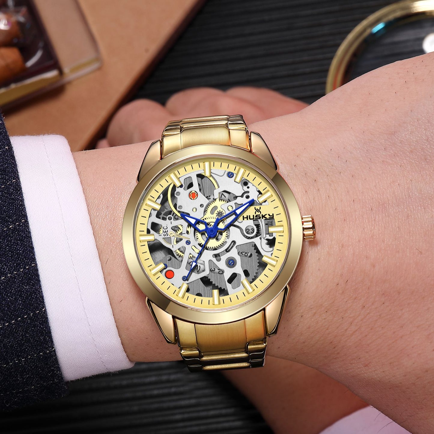 Reloj para Hombre Quartz Watch for Men Blue Ocean Fashion Casual Design Stainless Steel Skeleton Quartz Watch Men Mens Watches Quartz Clock Gift