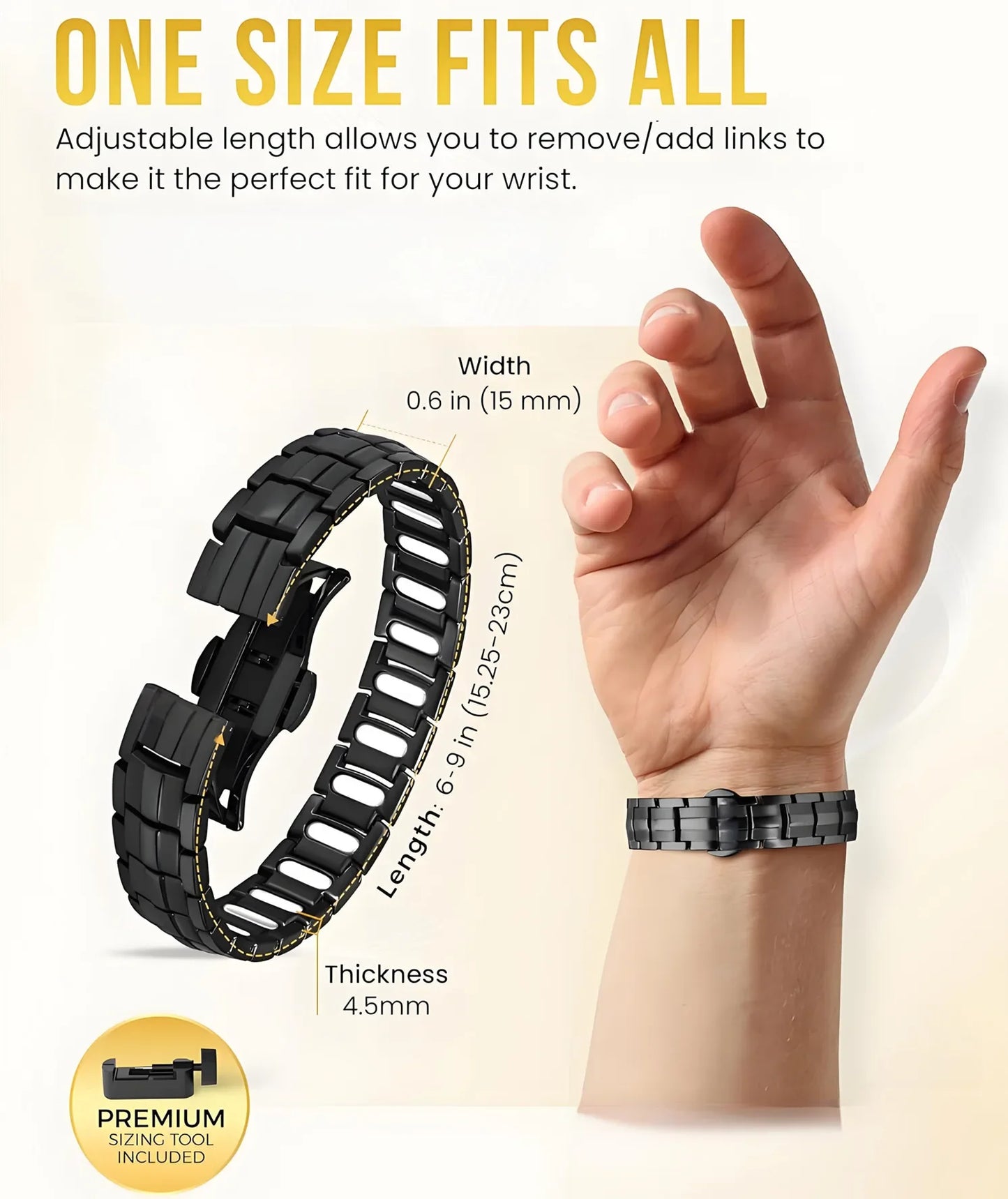 Black adjustable Magnetic Bracelet for Men Pulsera para Hombres with measurements and a hand wearing it on a light background