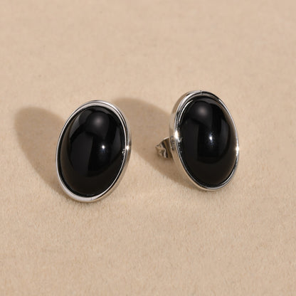 Aretes para mujeres Retro Oval Black Natural Stone Stud Earrings for Women Gifts Jewelry, Gold Color Stainless Steel Ear Fashion Accessory