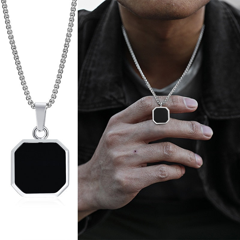 Pendiente y Collar para Hombre Geometric Square Necklaces for Men black-silver