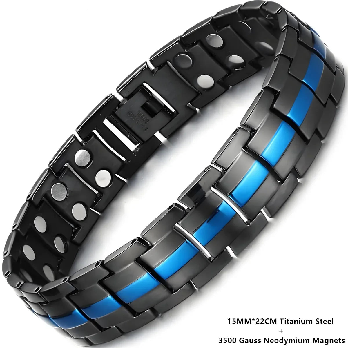 Black and blue metal Magnetic Bracelet for Men Pulsera para Hombres on a white background