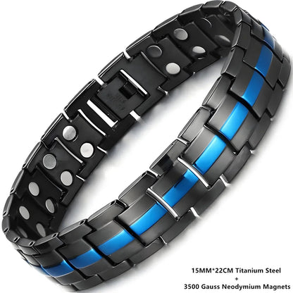 Black and blue metal Magnetic Bracelet for Men Pulsera para Hombres on a white background
