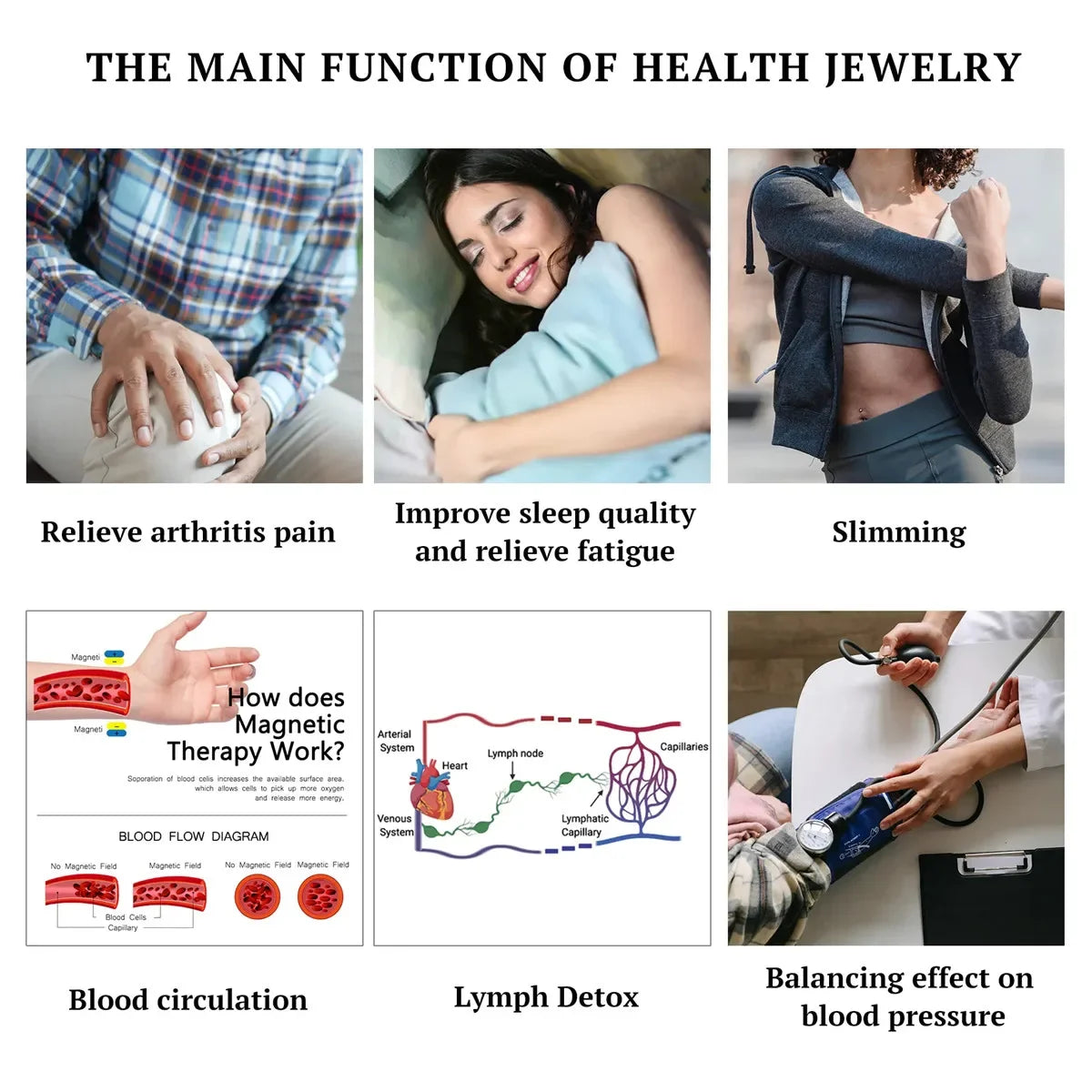 Health Magnetic Bracelet benefits including arthritis pain relief, sleep improvement, slimming, blood circulation, lymph detox, and blood pressure balancing.