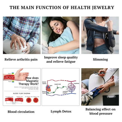 Health Magnetic Bracelet benefits including arthritis pain relief, sleep improvement, slimming, blood circulation, lymph detox, and blood pressure balancing.