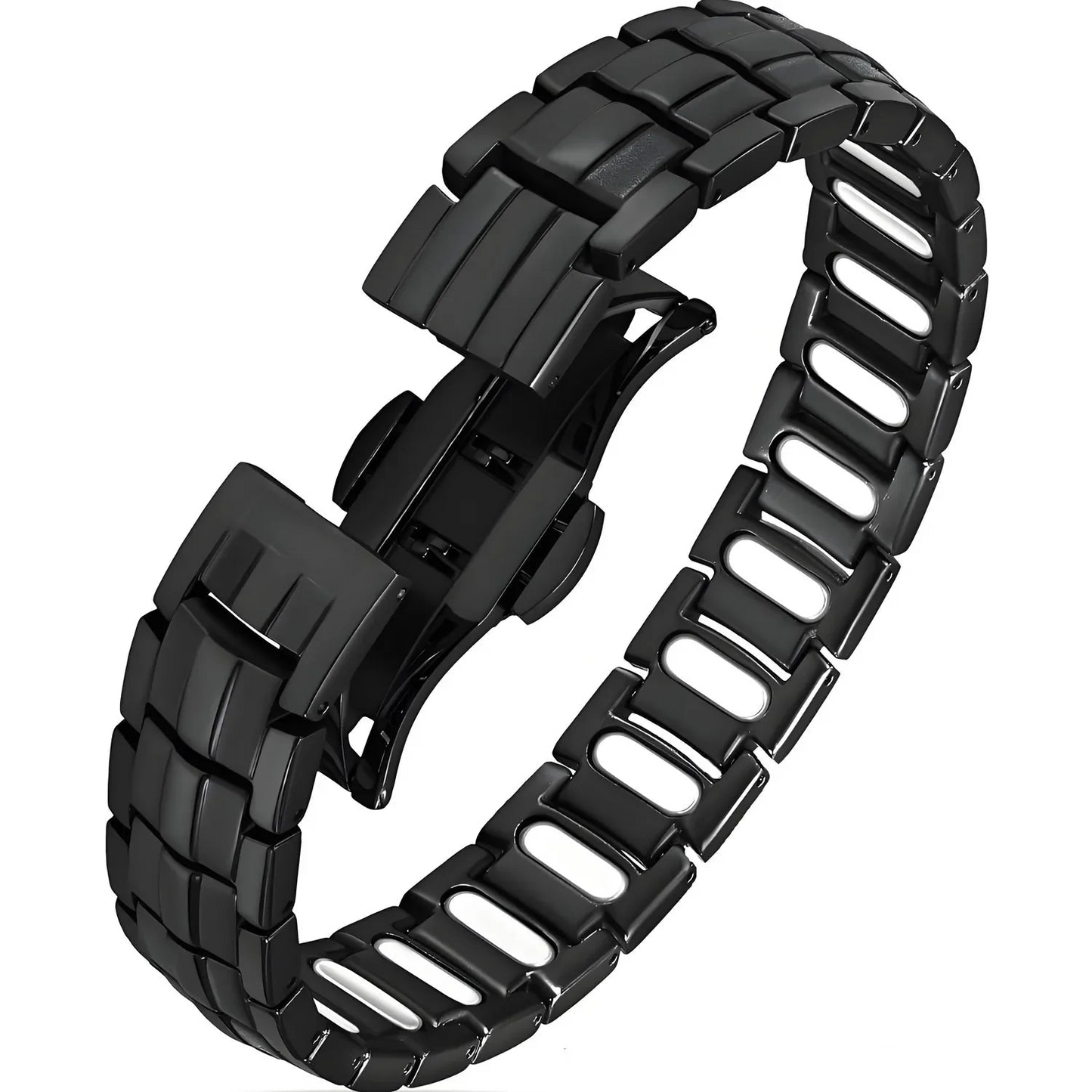 Black metal magnetic bracelet on a white background