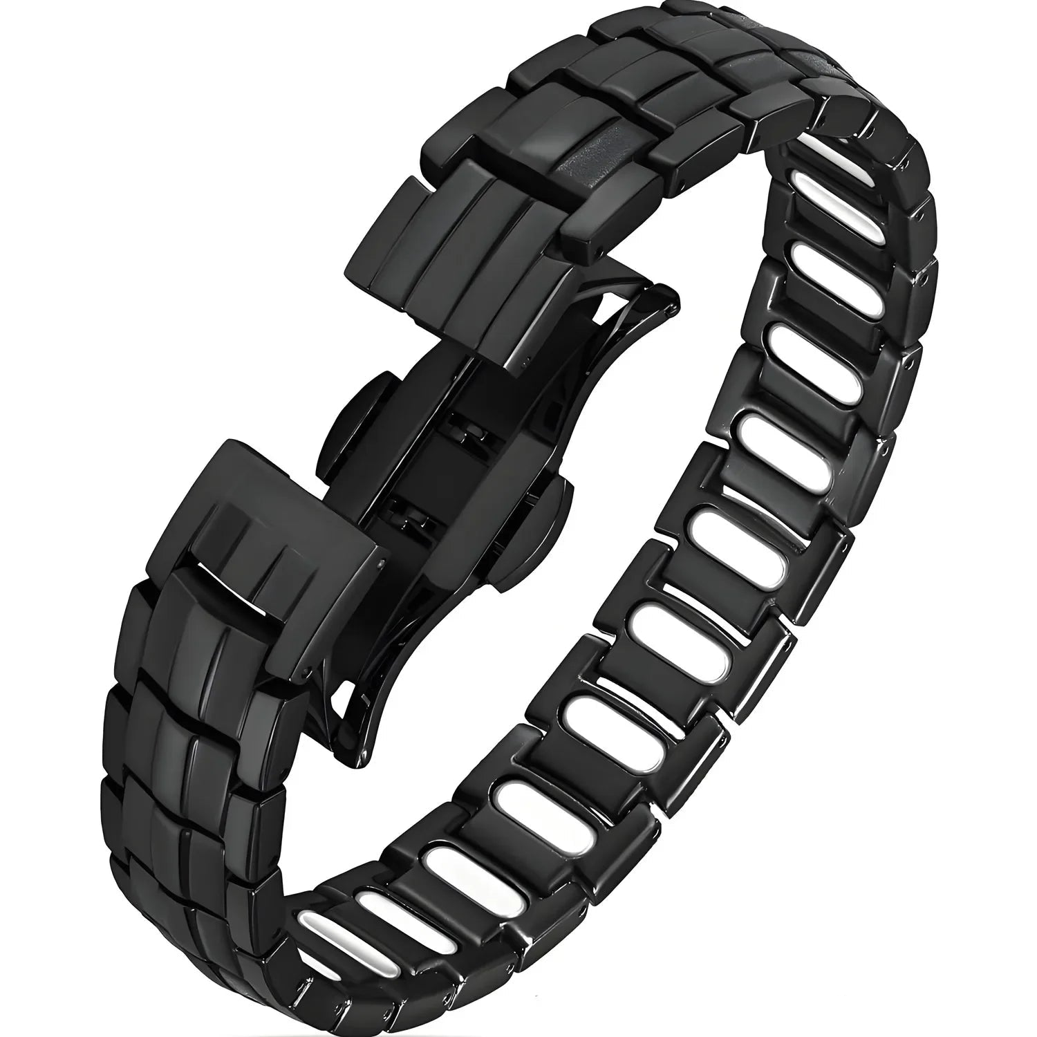 Black metal magnetic bracelet on a white background