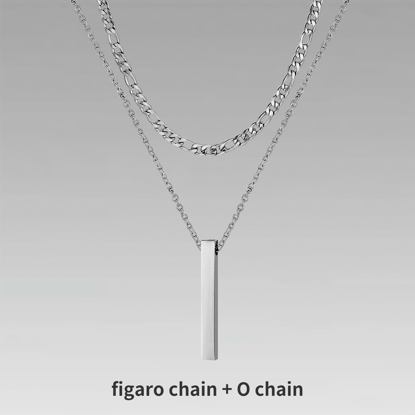Pendiente y Collar para Hombre 3D Vertical Bar Necklaces for Men silver color figaro chain