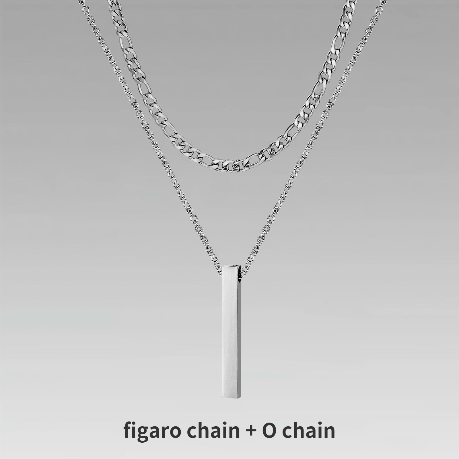 Pendiente y Collar para Hombre 3D Vertical Bar Necklaces for Men silver color figaro chain
