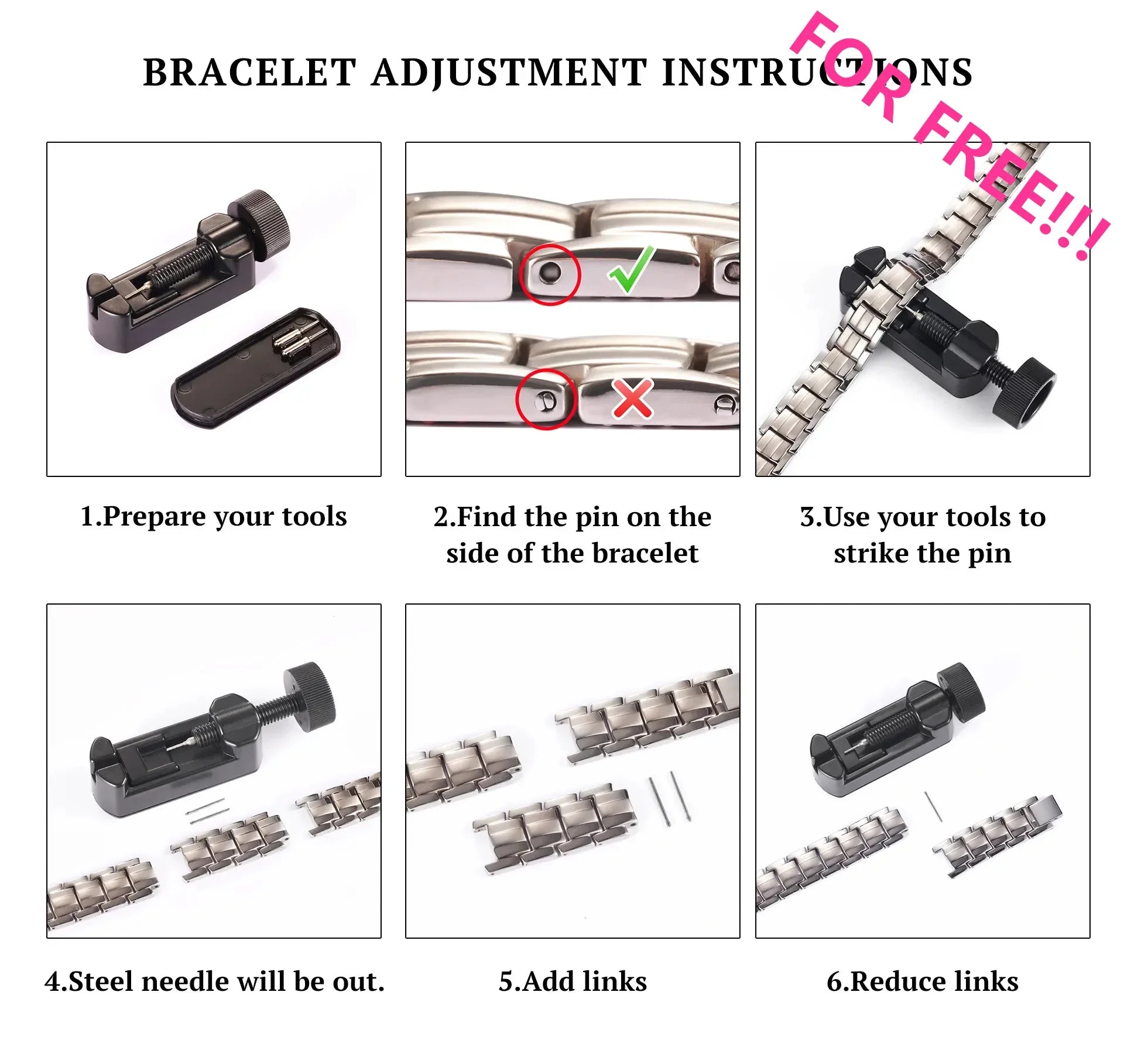 Step-by-step guide for adjusting a Magnetic Bracelet for Men Pulsera para Hombres with tools and visual indicators.