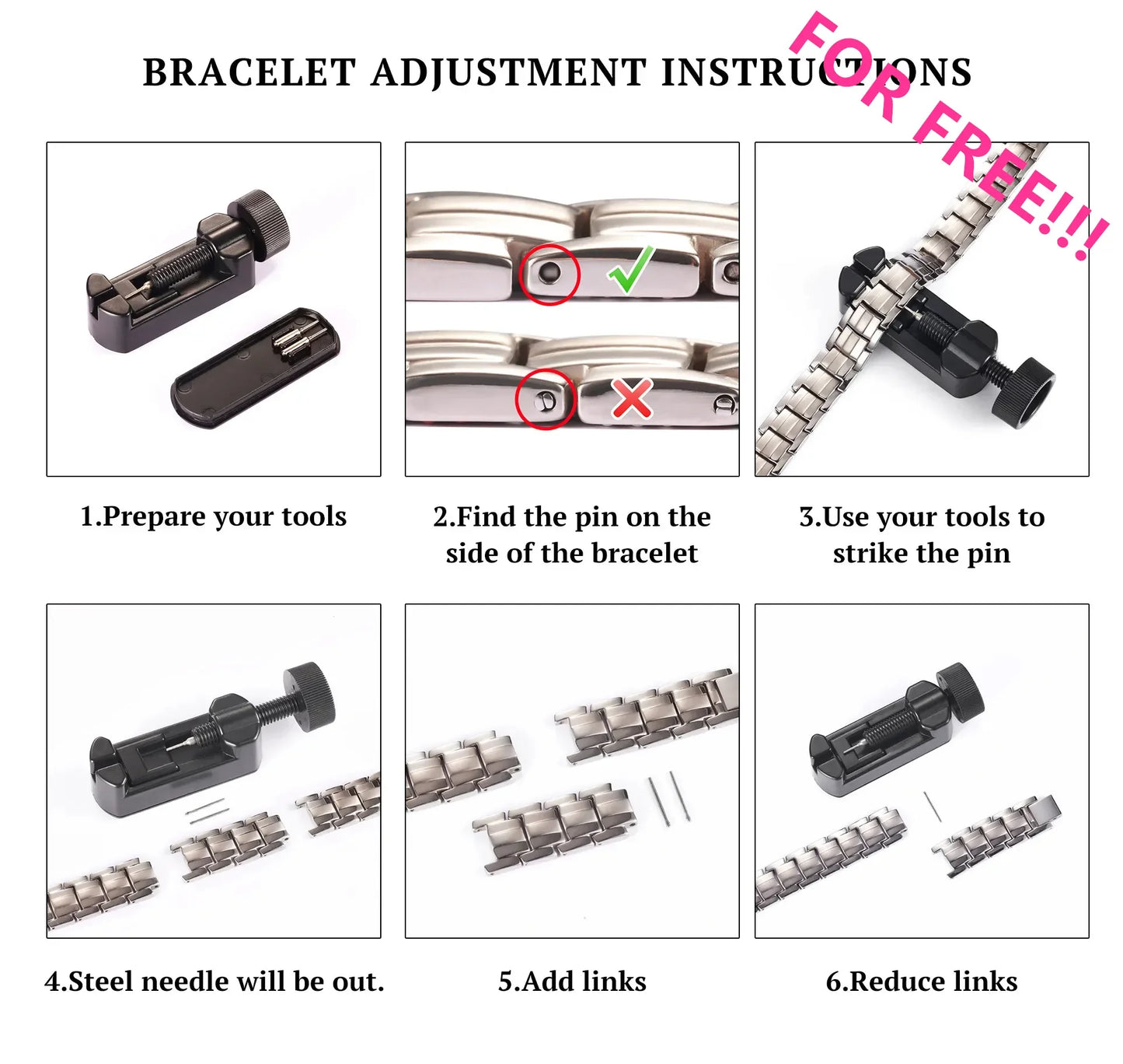 Step-by-step guide for adjusting a Magnetic bracelet with tools and visual indicators.