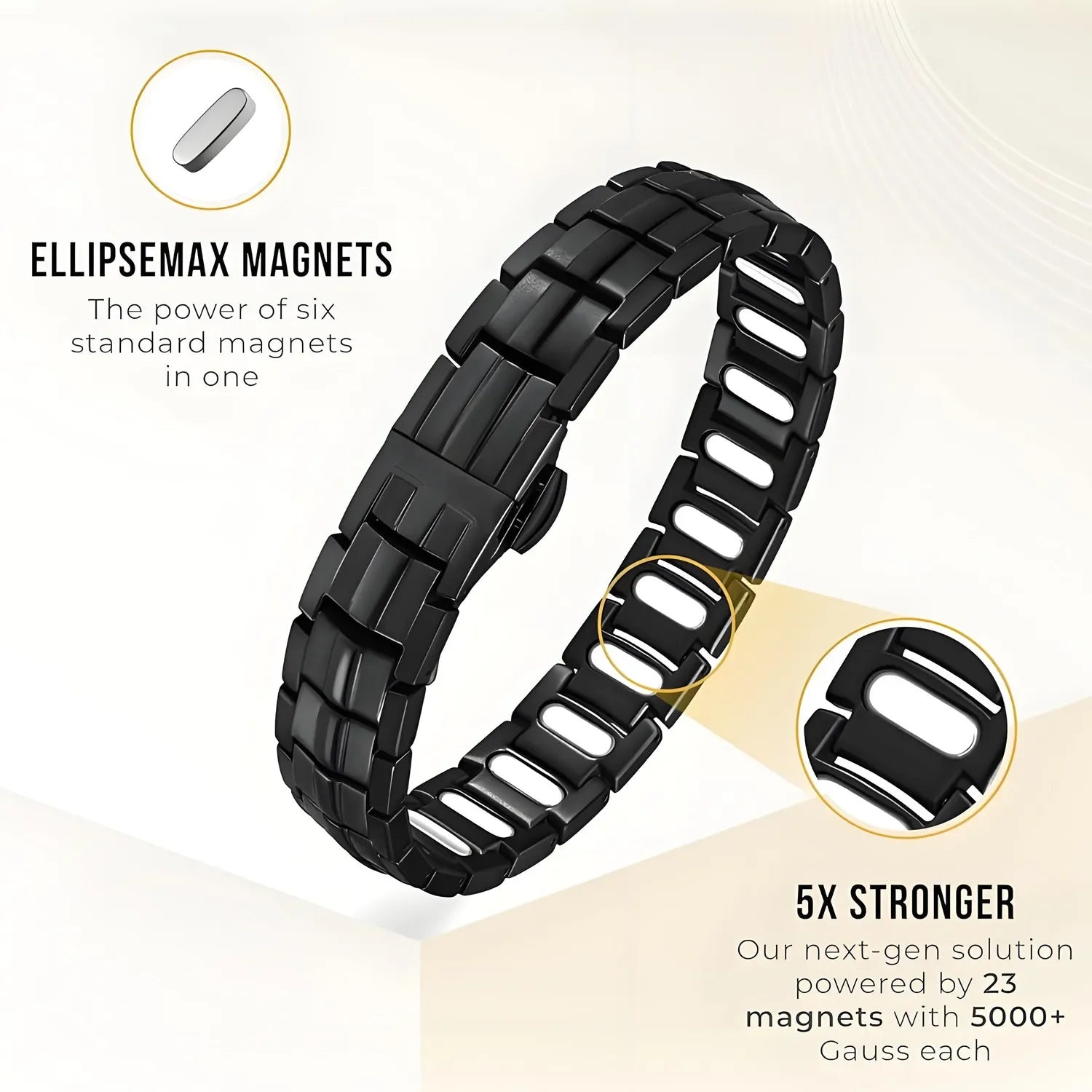 Black metal men's Bracelet with EllipseMax magnets on a light background by Nantlis