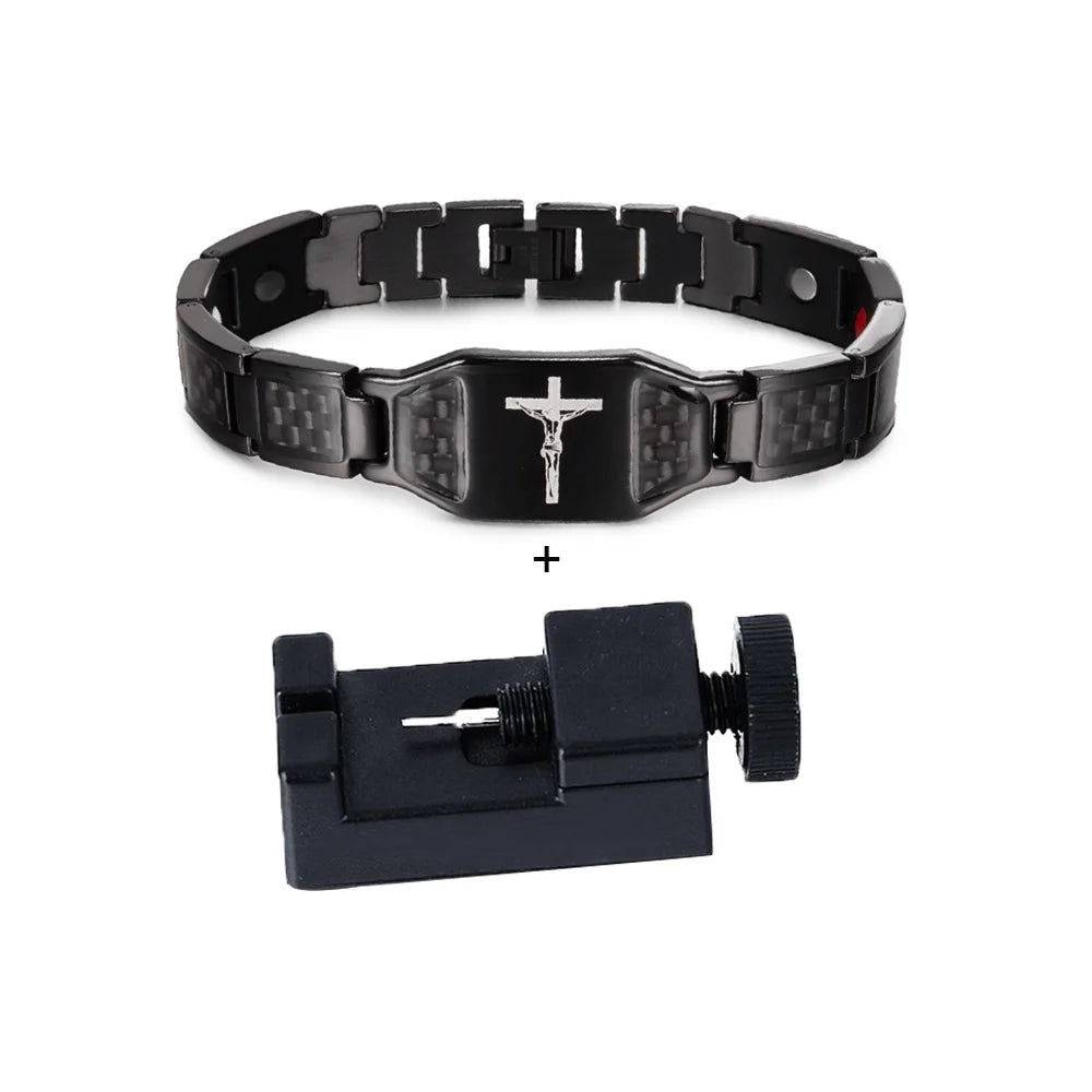 Men's Bracelet Pulsera para hombres Jesus Magnetic Bracelet Homme Carbon Fibre Stainless Steel 21CM Health Energy Magnet Jewelry