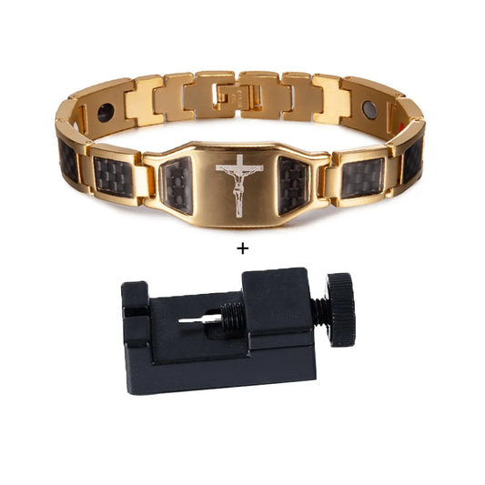 Men's Bracelet Pulsera para hombres Jesus Magnetic Bracelet Homme Carbon Fibre Stainless Steel 21CM Health Energy Magnet Jewelry