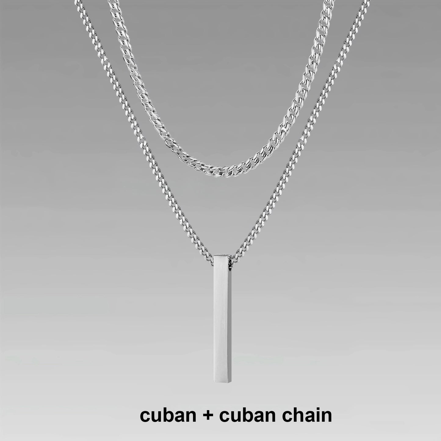 Pendiente y Collar para Hombre 3D Vertical Bar Necklaces for Men cuban chain silver color