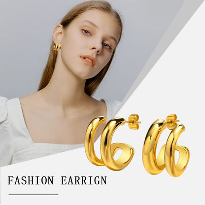 Aretes para mujeres Women C Shaped Earrings, Gold Color Anti Allergy Stainless Steel Hoops, Chic Minimalist Metal Ear Jewelry