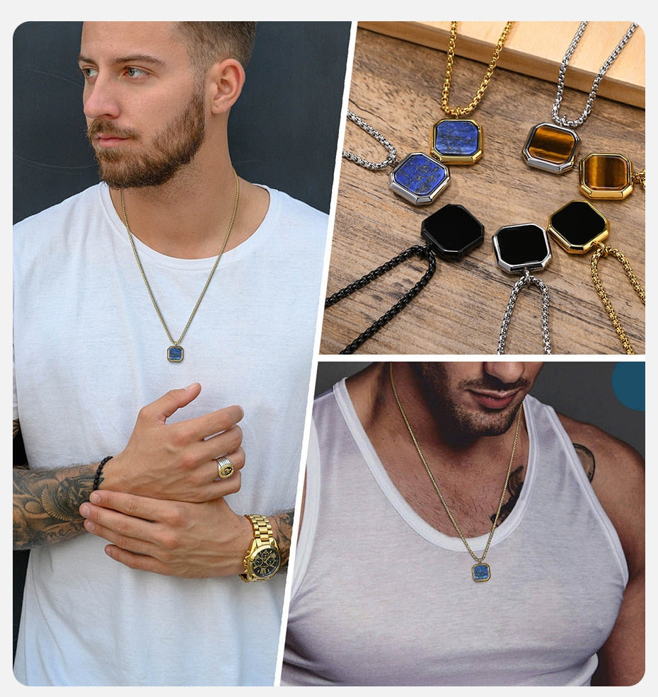 Pendiente y Collar para Hombre o Mujer Stylish Men Square Natural Stone Necklace, Solid Stainless Steel Geometric Polygon Pendant, Casual Punk Boy Gift Jewelry